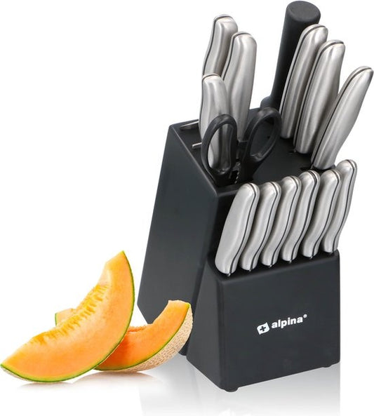 alpina Set de couteaux - Bloc de couteaux - 15 pièces - acier inoxydable - Noir/Argent