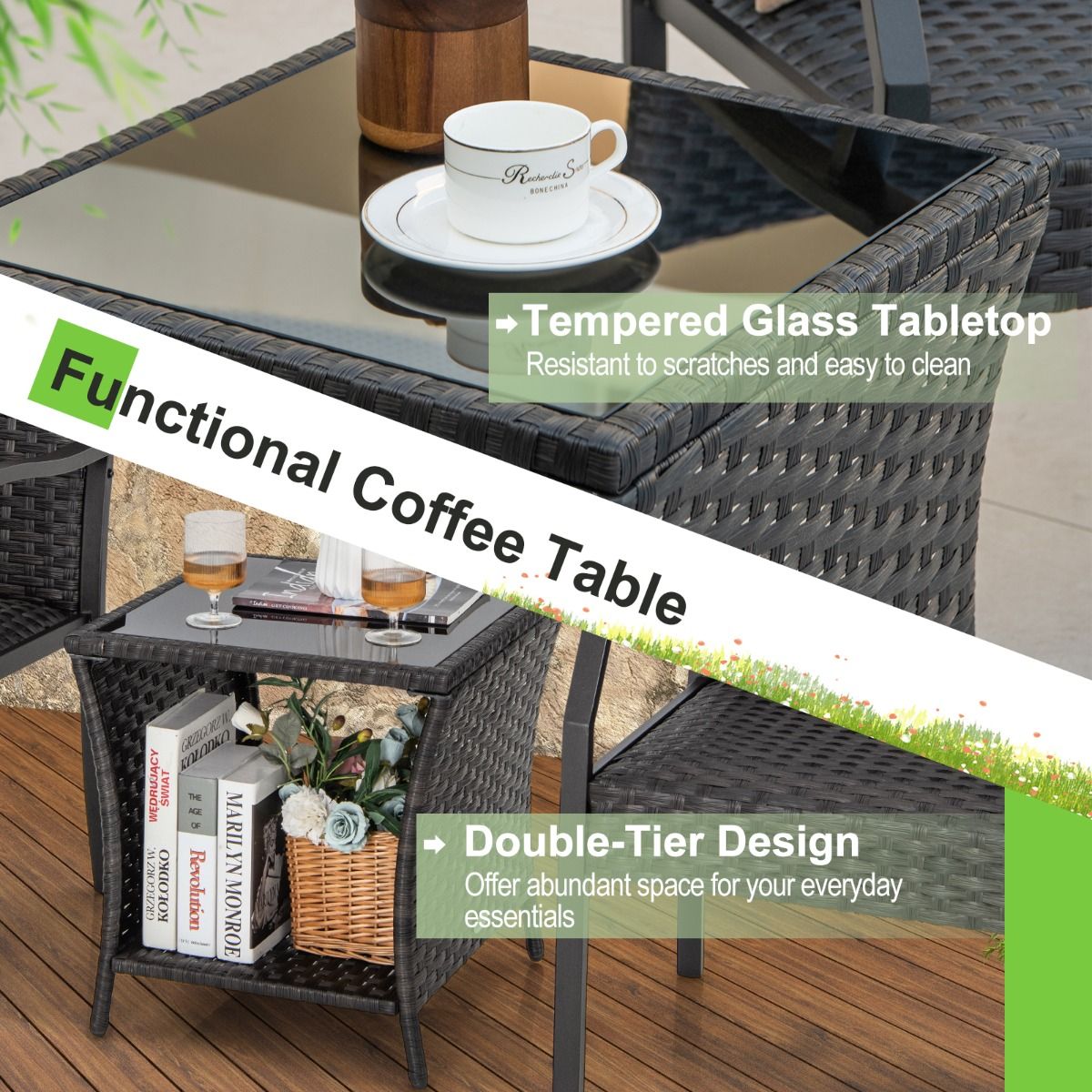Coast 3-Piece Wicker Patio Set - 2 Chaises tapissées 66x59x87 cm + Table basse 46x46x49 cm - Mélange brun, verre trempé & rotin PE