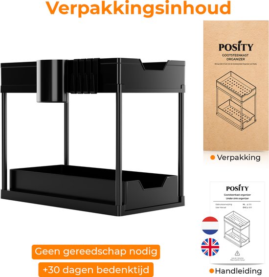 Posity Rangement pour évier - Rangement pour armoire de cuisine - Tiroir coulissant - Rangement pour armoire - Rangement pour salle de bain - Rangement pour comptoir - 2 tiroirs coulissants - Noir