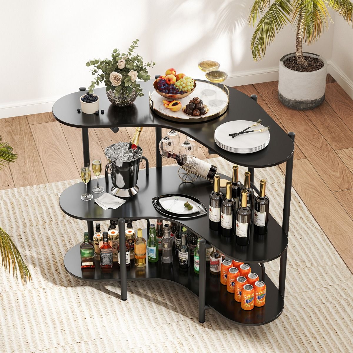 Coast Table de bar Table de cuisine - 3 niveaux, porte-verre, max. 90 kg - 120 x 66 x 102 cm - Panneau de fibres de bois/métal - Noir