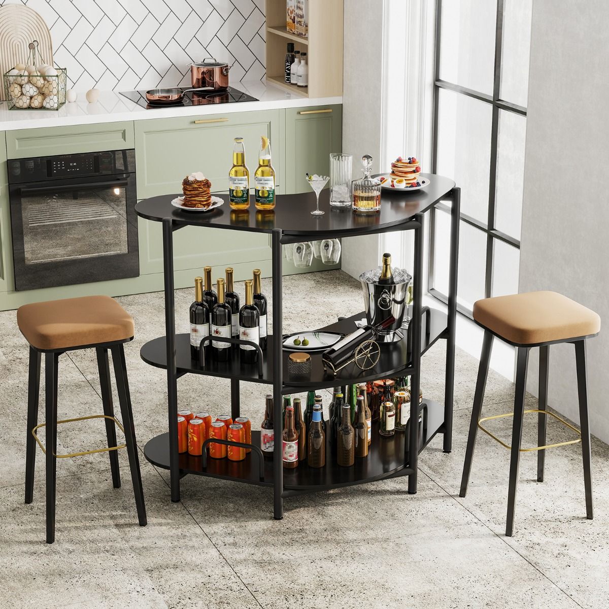 Coast Table de bar Table de cuisine - 3 niveaux, porte-verre, max. 90 kg - 120 x 66 x 102 cm - Panneau de fibres de bois/métal - Noir