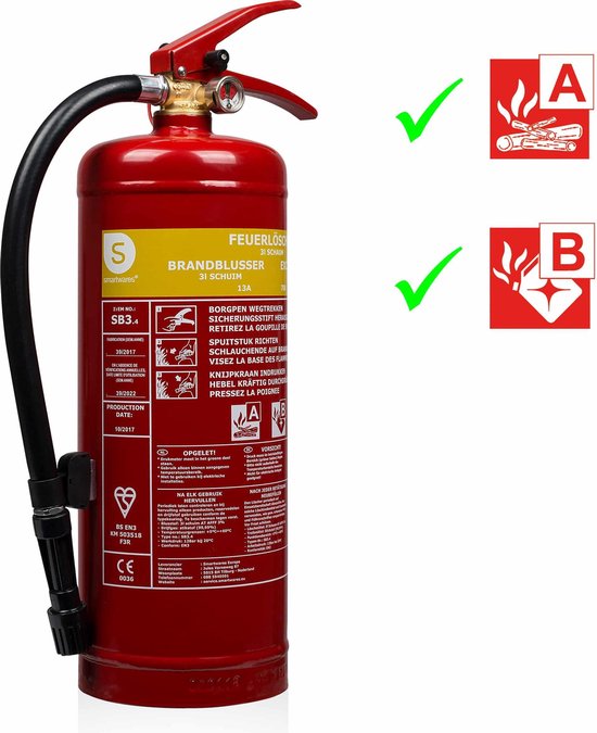 Smartwares FEX-15230 - Extincteur à mousse 3 L - Avec support de fixation - Classes d'incendie A et B - Certifié BSI