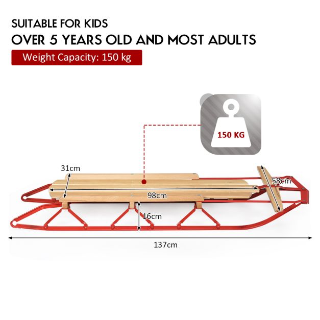Coast Wooden and Steel Sled with Skates and Handlebar - 137x58x16 cm - Couleur rouge et bois - Pour adultes et enfants à partir de 5 ans - Capacité de charge maximale de 150 kg