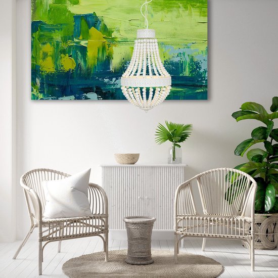 Suspension Ella 10191W - Lampe tendance à perles blanches en bois et métal, hauteur réglable de 70 à 155 cm - Marque : Mexlite