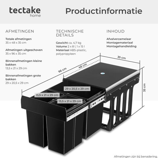 tectake® Collecteur de déchets - Poubelle encastrée - Séparation multiple des déchets - Solution de rangement efficace pour la cuisine et le bureau - Poubelle triple avec rails télescopiques - 2x 8L + 1x 15L
