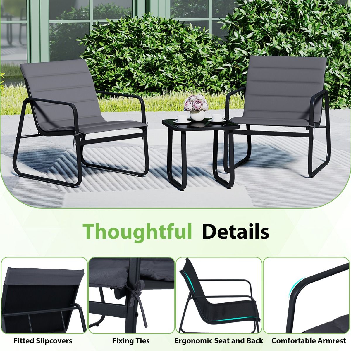 Ensemble de jardin Coast 3 pièces - chaises d'extérieur avec coussins amovibles - table d'appoint en verre trempé - gris et noir