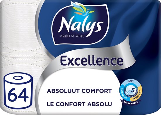 Nalys Excellence Papier hygiénique - 64 rouleaux - Papier hygiénique Maxi Sheets blanc (5 plis) - Emballage Avantage - Emballages en papier