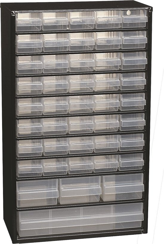 Commode Raaco à 44 tiroirs - Meuble de rangement métallique - Système de rangement pour vis, boulons, etc. - Peut être fixé au mur - 10 séparateurs inclus - 150 x 510 x 303 mm