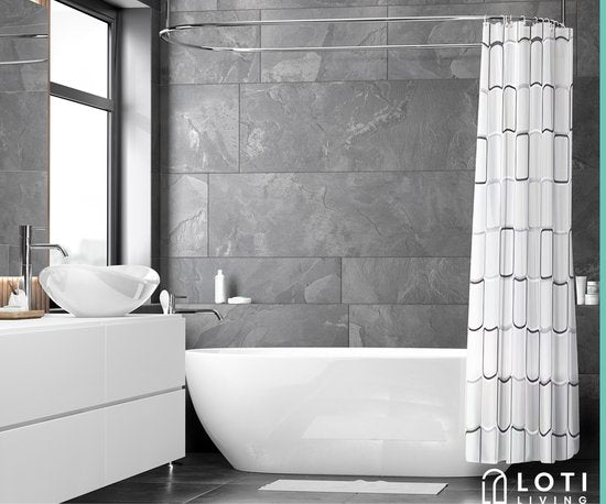 Loti Living Rideau de douche anti-moisissure - Design cubique - Anneaux inclus - Imperméable - Polyester - Rideau de douche 180x200 cm
