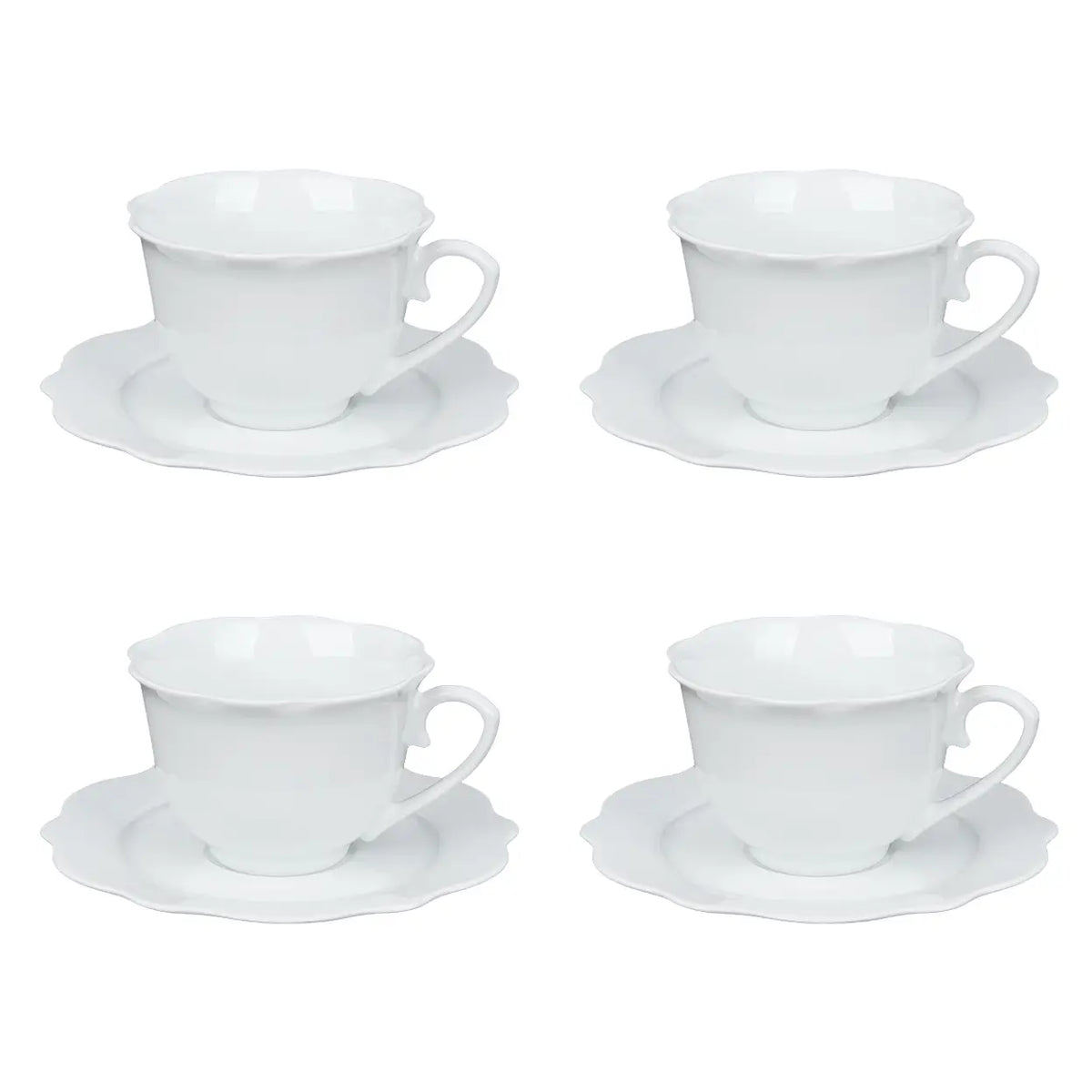 Service en céramique blanc élégant, 8 pièces - 4 tasses avec soucoupes - Design rond - Pour un usage quotidien