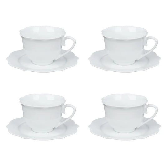 Service en céramique blanc élégant, 8 pièces - 4 tasses avec soucoupes - Design rond - Pour un usage quotidien