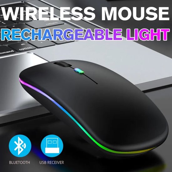 Souris Bluetooth LED sans fil - Ergonomique - RGB - Ordinateur portable et jeu - Sans fil - Noir