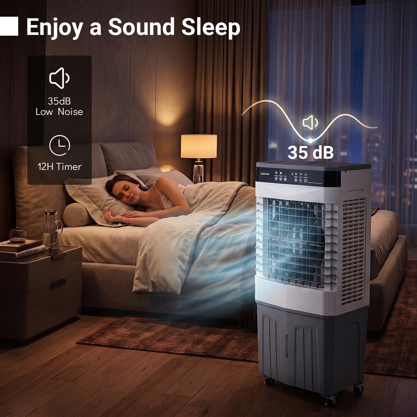 Ventilateur portable et refroidisseur d'air Coast avec télécommande - Réservoir d'eau de 27 L - 3 vitesses - 49 x 31 x 109 cm - Blanc/Gris
