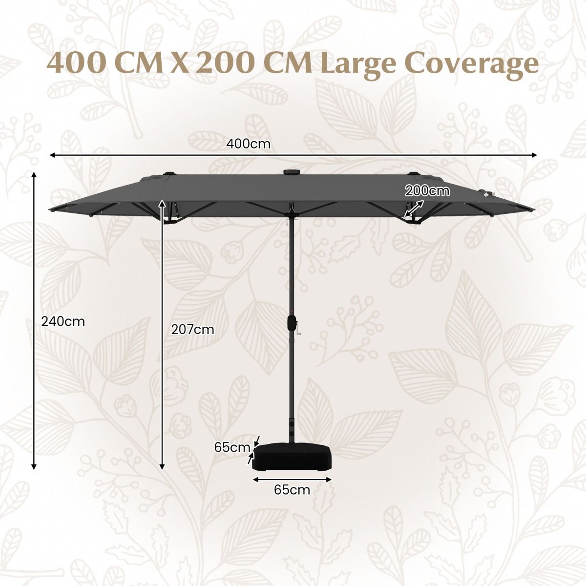 Parasol de jardin double Coast avec éclairage LED à énergie solaire - 400 x 200 cm - Gris