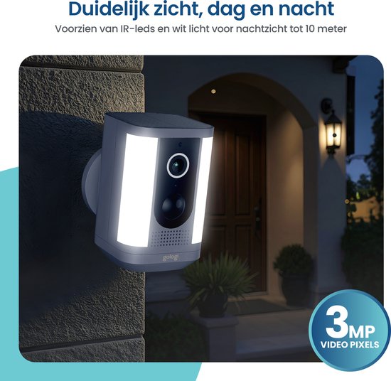 Gologi Solar Pro Caméra de sécurité extérieure - 5200 mAh - Vision nocturne - Détection de mouvement - Caméra de surveillance - Panneau solaire - Sans fil - USB-C - WiFi et App - Blanc