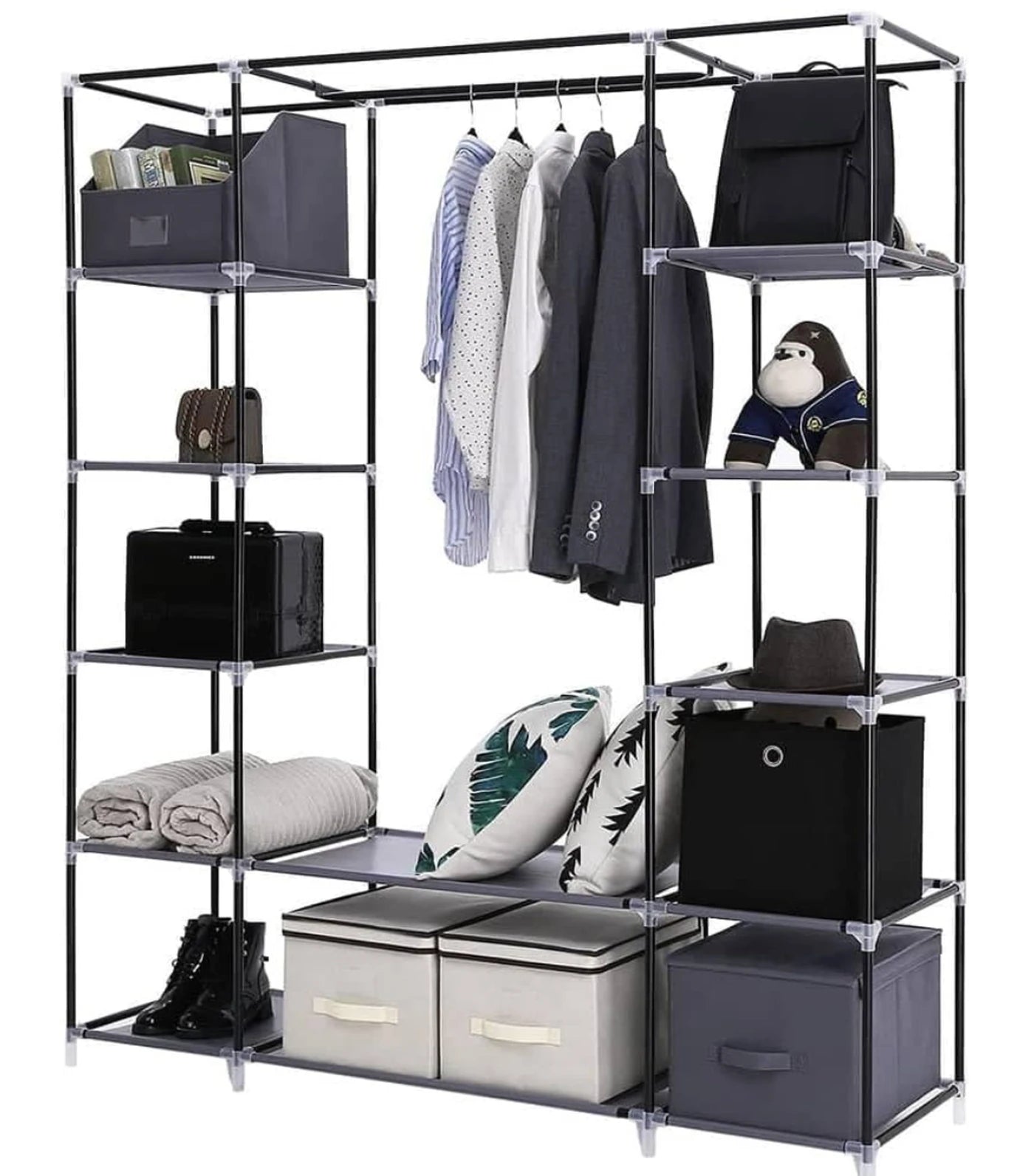 Armoire à linge 150 x 175 x 45 cm - Grise - 2 tringles à vêtements - Étagères - Pliable