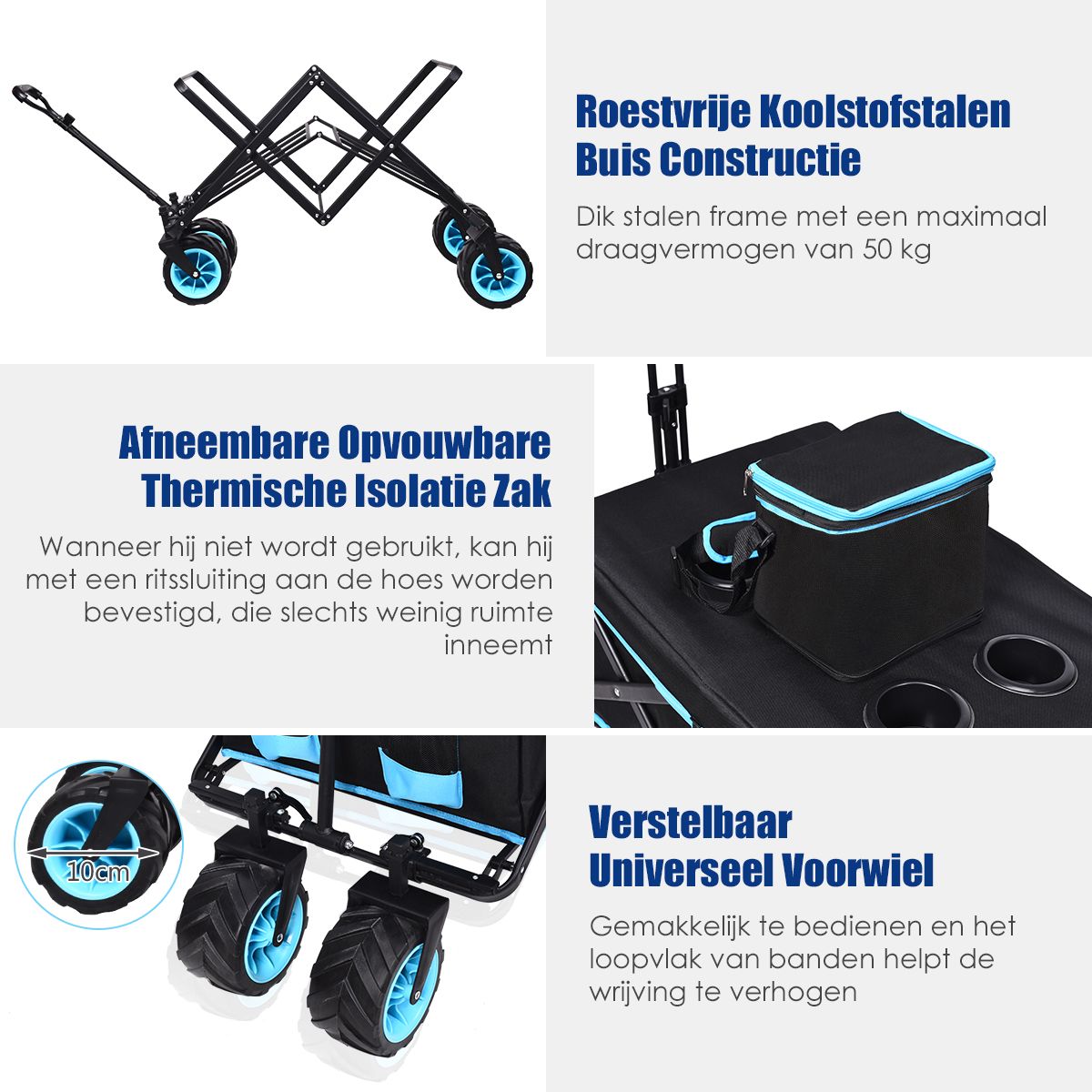 Chariot pliant Coast - Max. 50 kg - 118 x 55 x 97 cm - Noir / Bleu