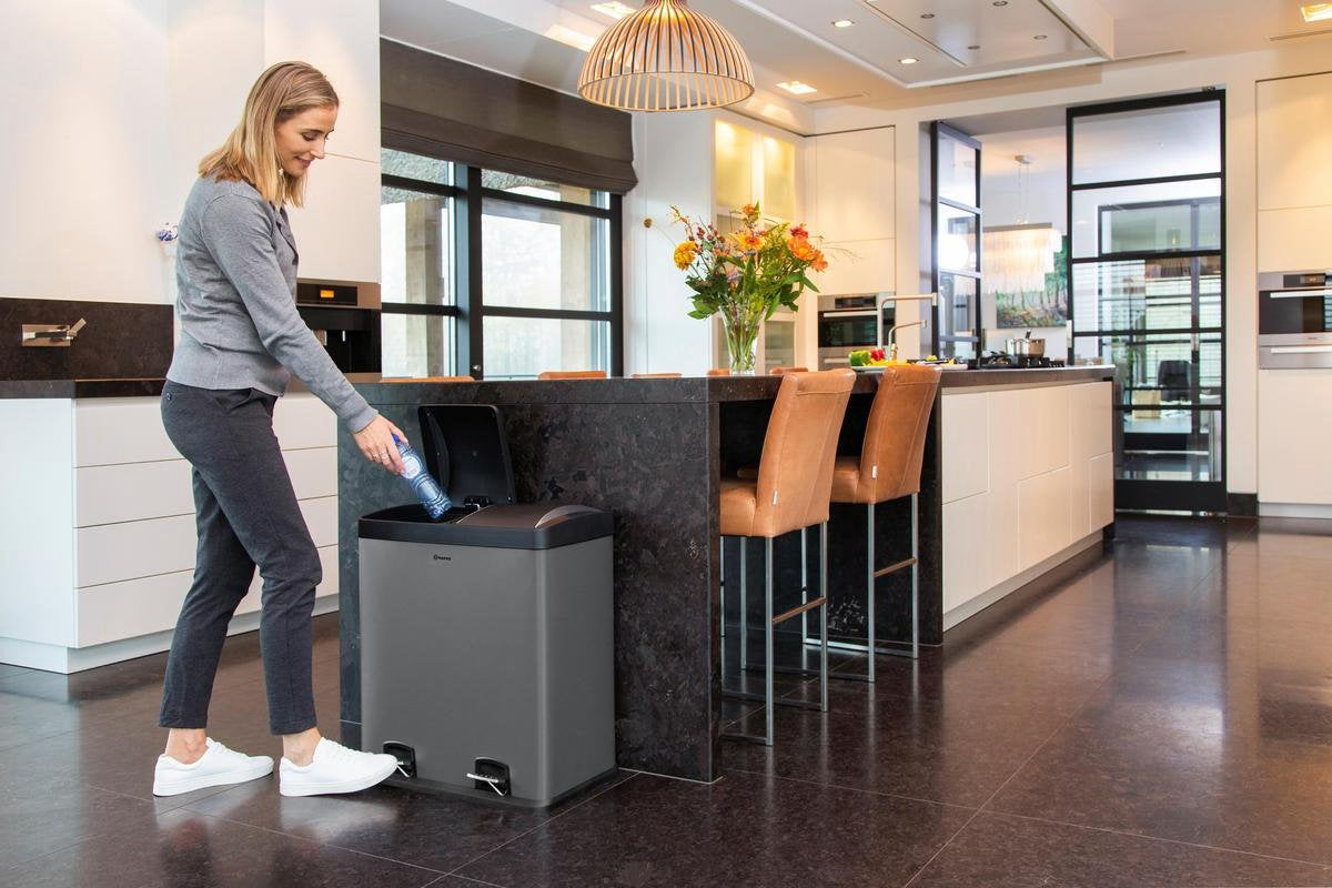 Homra NEVIQ Poubelle à tri sélectif AVEC 2 compartiments - Capacité 2 x 30 L - Poubelle à pédale duo - Gris