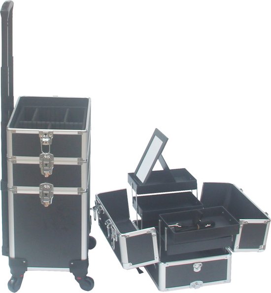 DMV - valise de maquillage - valise de maquillage - chariot de maquillage - valise de coiffure - valise de beauté - valise de cosmétiques - avec roulettes - noir - 26 x 35 x 70cm