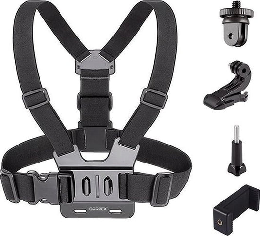 Garpex® Universal Chest strap Harnais de poitrine - Support de poitrine adapté à diverses caméras d'action et smartphones - Noir