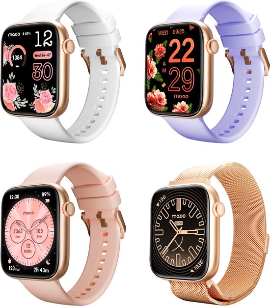 Maoo ProWatch AMOLED Smartwatch Femme et Homme - Bracelet milanais et 3 bracelets en silicone - Podomètre - Moniteur de fréquence cardiaque - Moniteur de pression artérielle - Moniteur de sommeil - Multisport - Convient à Android et iOS - Or rose