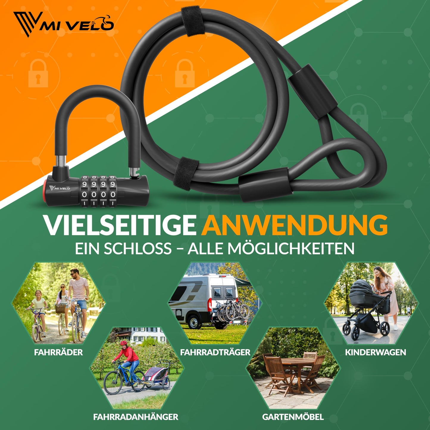 Câble antivol MIVELO - antivol de vélo à code - câble en acier de 200 cm - combinaison à 4 chiffres