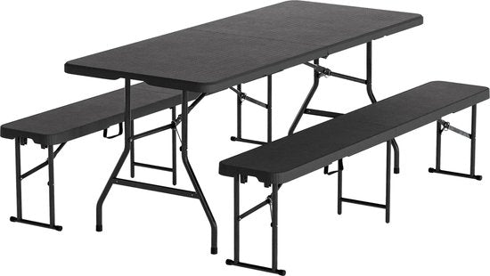 LifeGoods Set de pique-nique pliable - 180cm x 74cm - Table de jardin avec 2 bancs - Résistant aux intempéries - Table de camping - Table à bière pliable - Pour l'intérieur et l'extérieur - Pour 6 à 8 personnes - Rotin Noir
