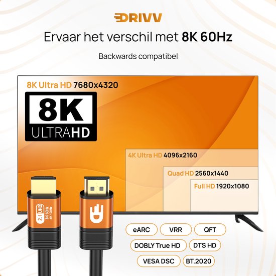 Câble HDMI Drivv. Premium 2.1 - Ultra HD - 8K 60 Hz - 4K 120 Hz - Compatible avec les consoles de jeux - 10 mètres - Orange