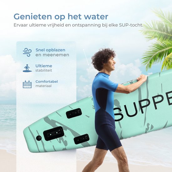 Supper Sup Board XL - Max 220KG - Gonflable - Paddle Board - Etui étanche - Pompe - Palme - Leash - Sac de transport - Touring 381 x 81 cm - Turquoise
