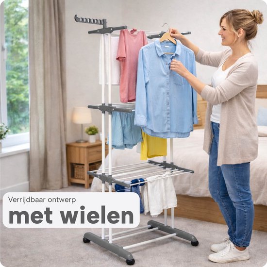 Séchoir à linge pliable avec roulettes - 6 étagères - Inoxydable - Utilisation à l'intérieur et à l'extérieur – Peu encombrant – Séchoir à linge XXL - BREND BR-2250