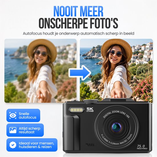 Appareil photo numérique Strex 5K 75 MP - Appareil photo - Appareil photo compact avec Wi-Fi - Appareil photo pour vlog - Appareil photo pour enfants - Zoom 18x - Écran orientable - Noir