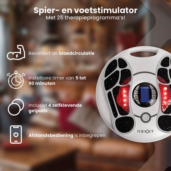 Stimulateur musculaire et plantaire - Nexxt – 25 programmes – Télécommande – Coussinets de gel – Soulagement des douleurs et circulation