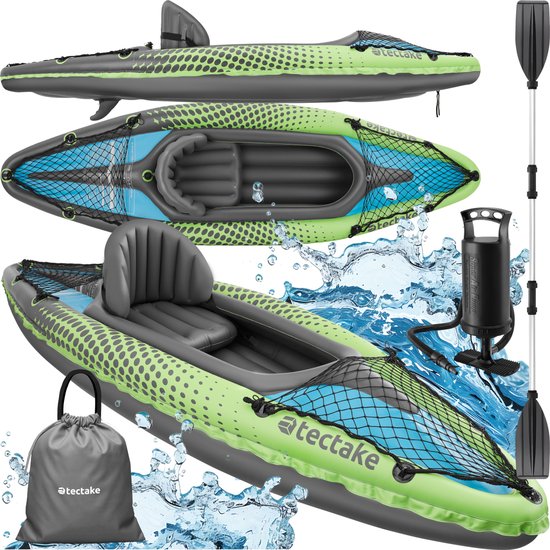 tectake® - Inflatable Kayak - Canoë gonflable pour 1 personne avec pagaie double et accessoires - Siège, pompe, sac de transport - Sports nautiques - Bateau à rames