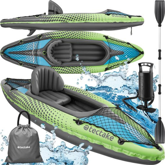 tectake® - Inflatable Kayak - Canoë gonflable pour 1 personne avec pagaie double et accessoires - Siège, pompe, sac de transport - Sports nautiques - Bateau à rames