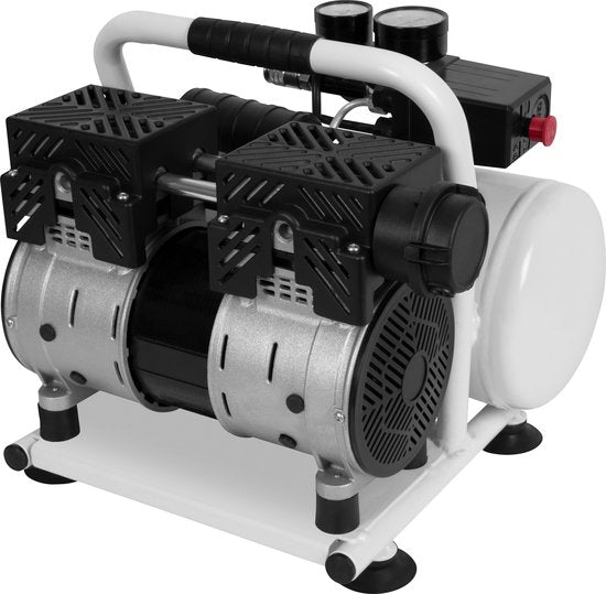 VONROC PRO Compresseur silencieux - Sans huile - 750W - 1HP - 128 l/min. - 6 Litres - 8 Bar - 57,5dB(A) - Silencieux - Faible niveau sonore - Blanc