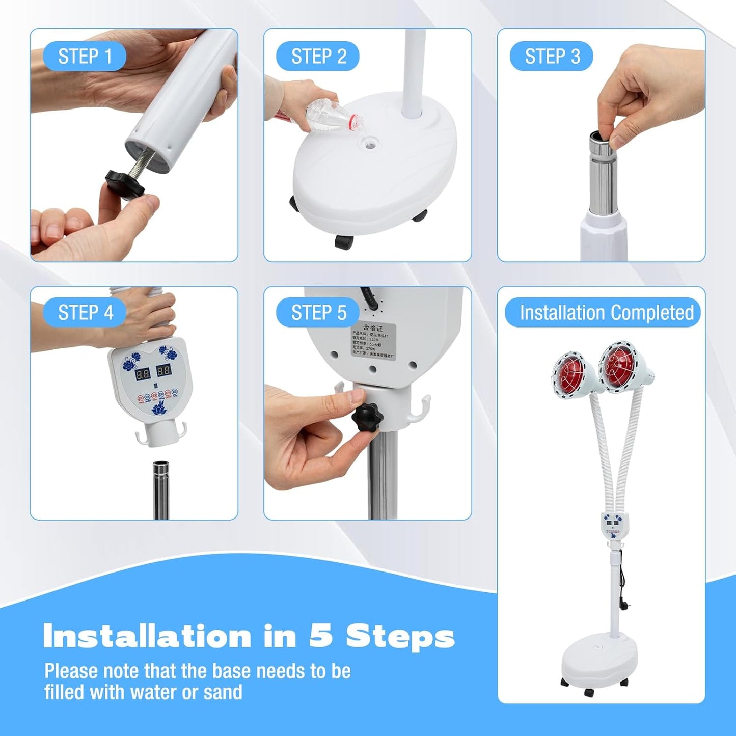 Lampe chauffante infrarouge double Xigner 275 W - Pied réglable de 128 à 158 cm - Double tête pivotante à 360° - Lampe chauffante rouge pour la relaxation musculaire et la circulation sanguine