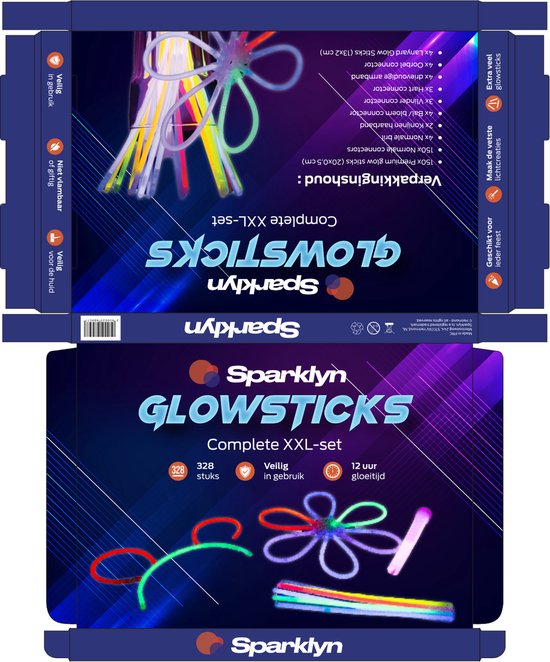 Sparklyn XXL Glow in the Dark Stick Set - 328pcs Glow sticks with accessories - Breaking sticks - Neon Party