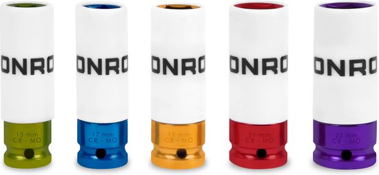 VONROC Jeu de douilles - Universel - ½ Inch - 5 pièces : 15, 17, 19, 21 et 22mm | Avec manchon de protection en téflon