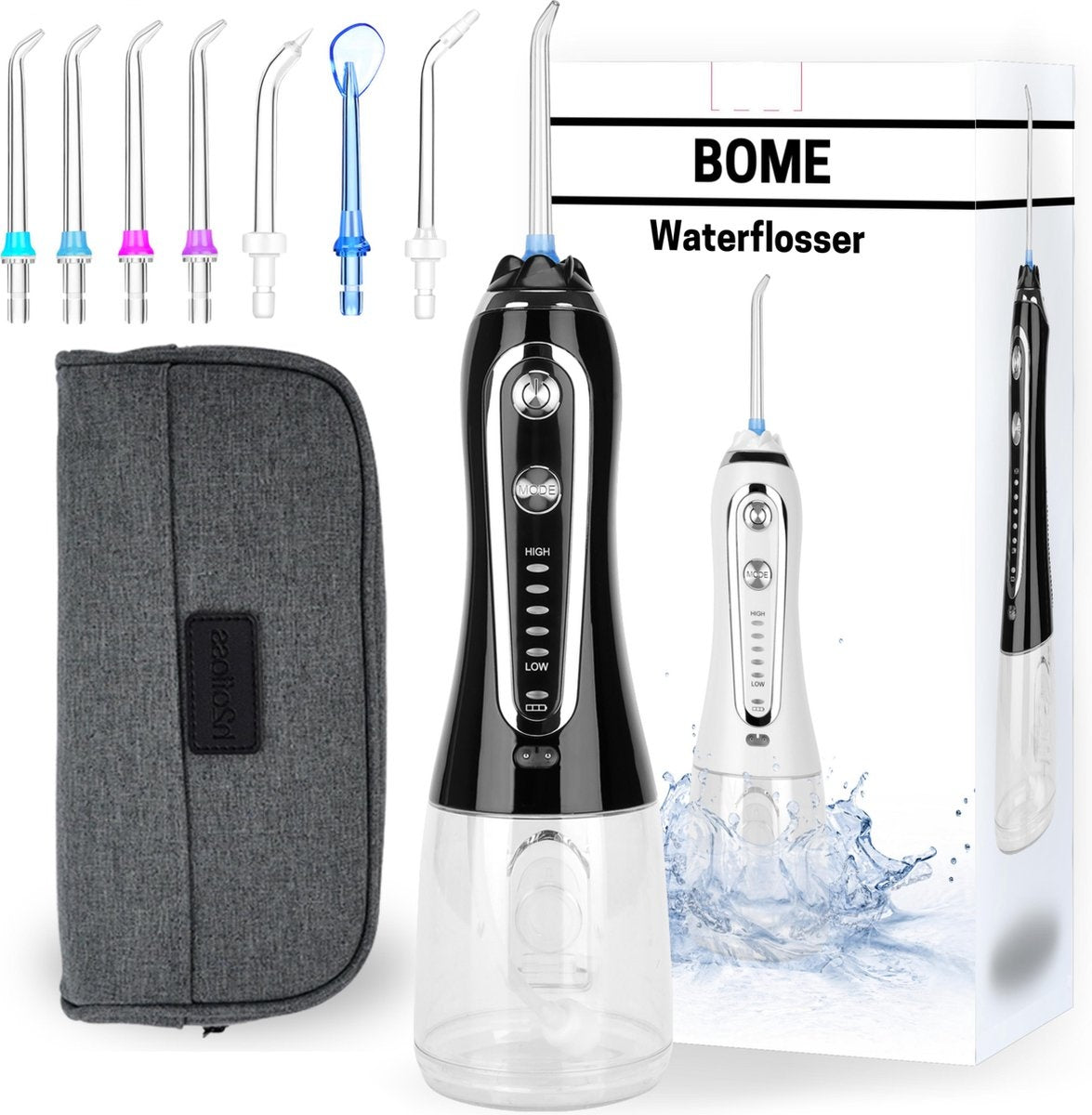 BOME Water Flosser with 7 Attachments - Oral Wash - Prevent Tartar - Cordless - 5 Stages - Black