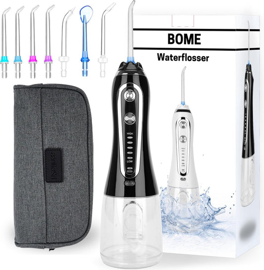 BOME Water Flosser with 7 Attachments - Oral Wash - Prevent Tartar - Cordless - 5 Stages - Black