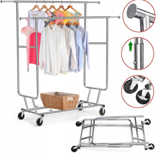 Porte-vêtements Yaheetech 128 x 55 x 173 cm - Argent - À roulettes - 130 kg - Double tringle à vêtements