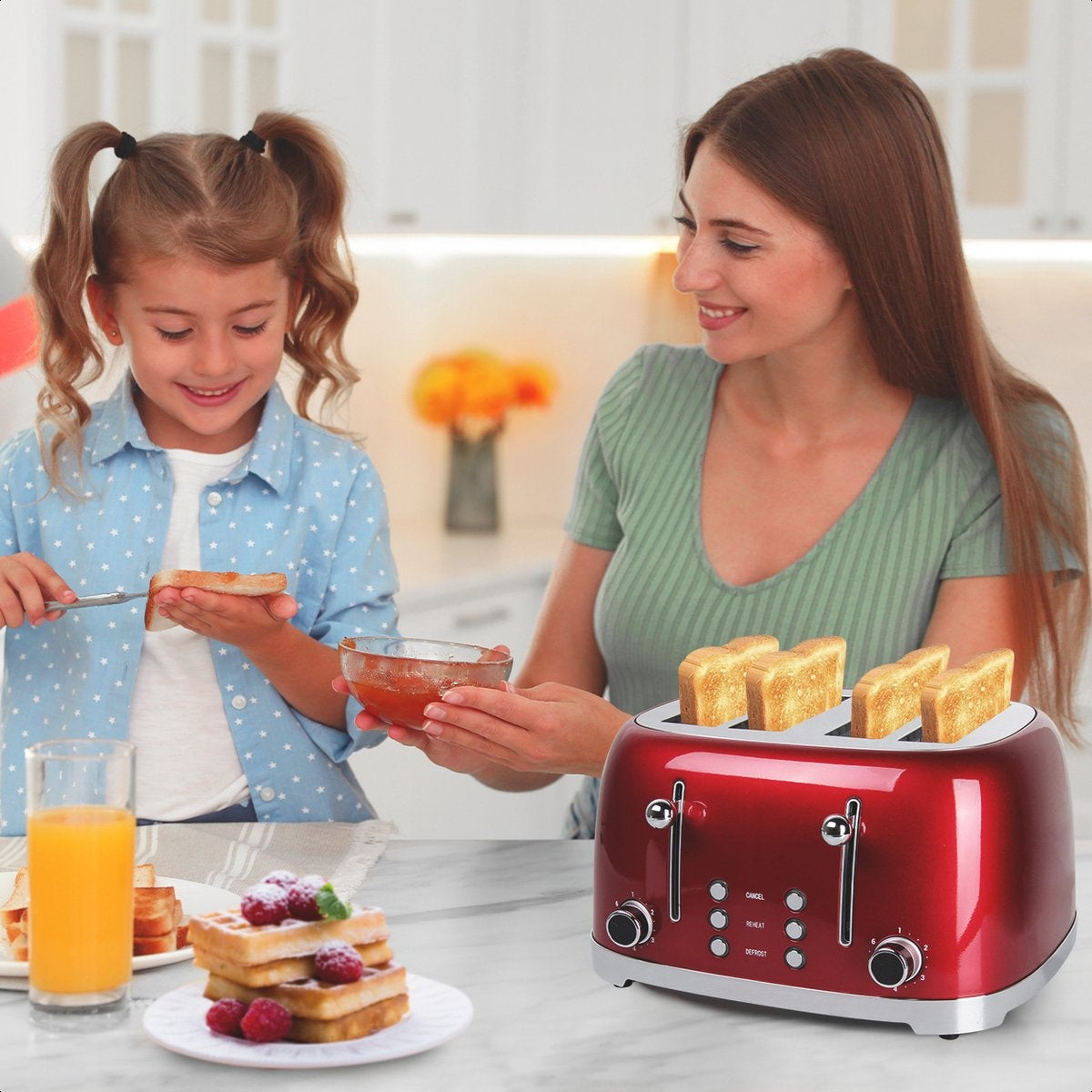 KitchenBrothers Grille-pain rétro - 6 niveaux de chaleur - 4 fentes extra-larges - 1630W - Fonctions de réchauffage et de décongélation - Rouge