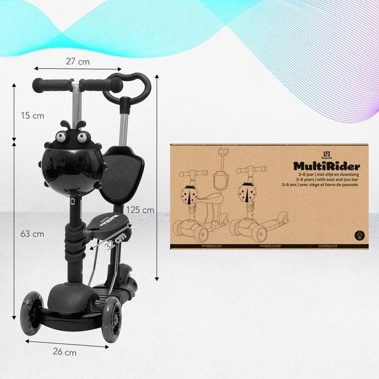 Scooter pour enfants avec barre de poussée - LifeGoods MultiRider - 3 -8 ans - Garçons/Filles - 3 roues lumineuses - Noir