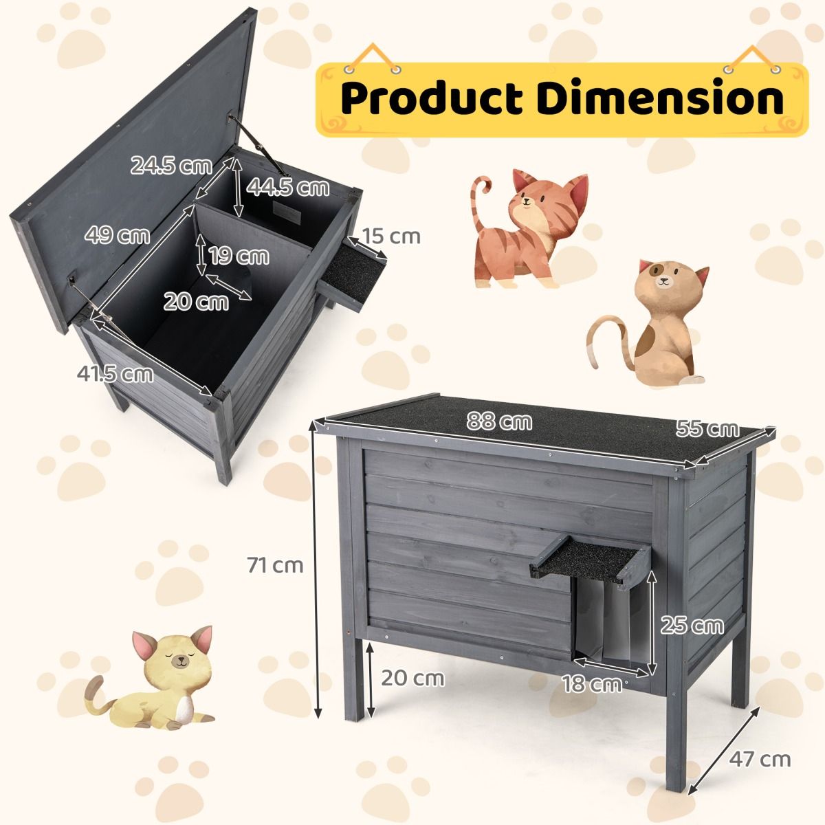 Coast : niche isolée pour chat d'extérieur - abri en bois avec toit rabattable - gris foncé 88 x 55 x 71 cm