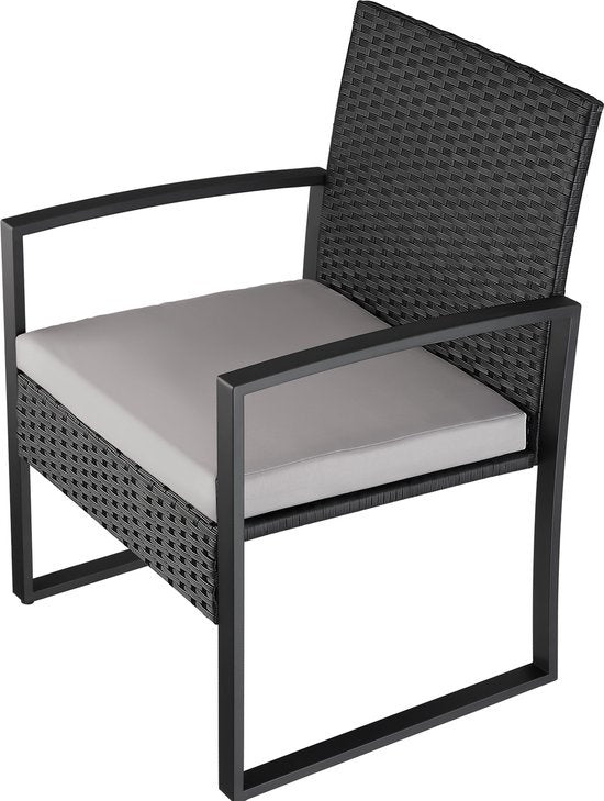 tectake® - ensemble de sièges en osier 2x fauteuils avec table, ensemble de meubles de balcon, meubles de jardin, meubles de balcon, petit salon, chaises rembourrées y compris table de jardin extérieure, résistant aux intempéries - noir - poly-rotin