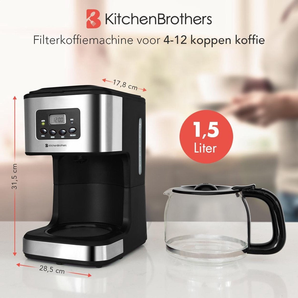 Cafetière KitchenBrothers - Avec pichet en verre - 12 tasses - Noir