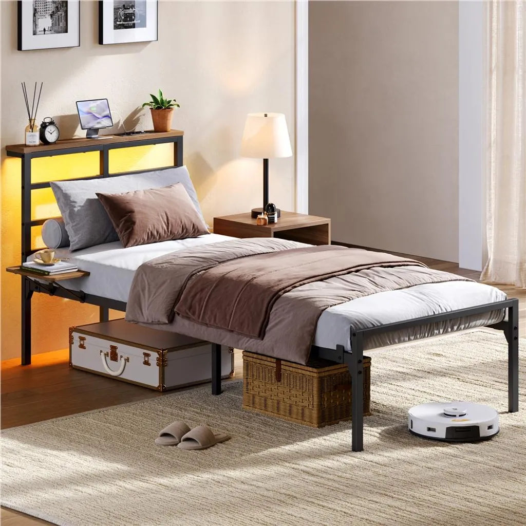 Yaheetech : cadre de lit en métal avec LED et station de recharge, 90 x 200 cm, noir