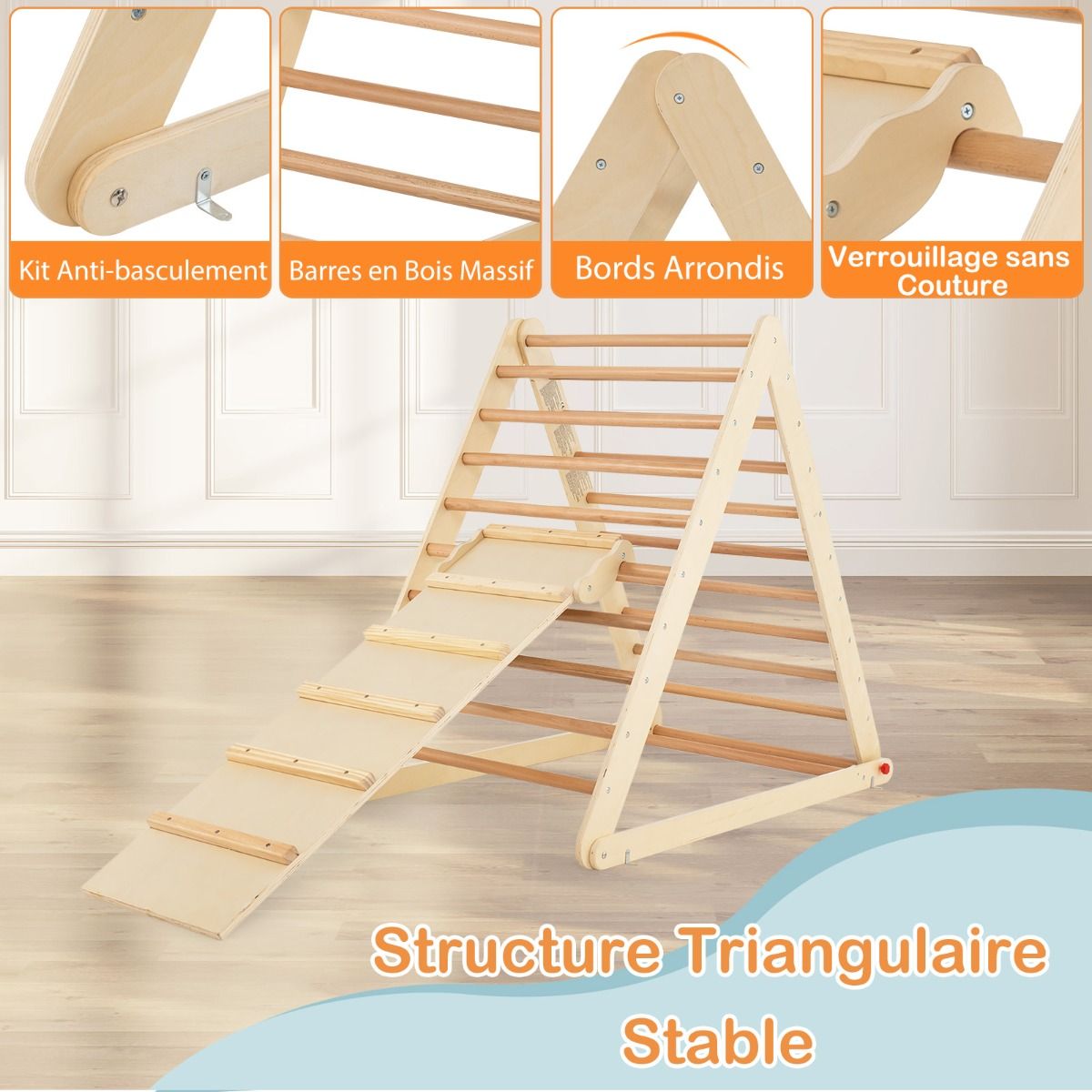 triangle d'escalade en bois coast pour enfants - bois naturel - 120 x 71 x 110 cm - garçons et filles 3+