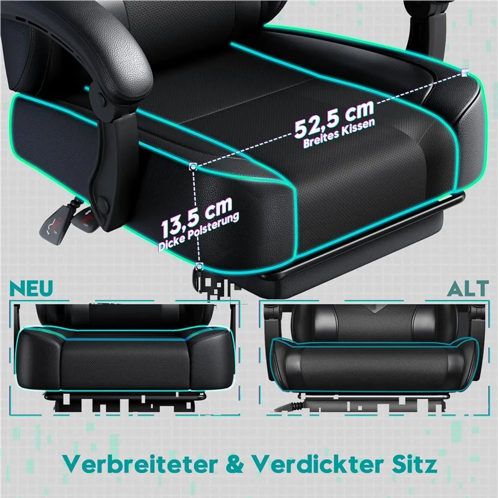 Yaheetech Gaming Chair 72 × 72 × 124.5-134 cm - Noir - Chaise de jeu ergonomique avec fonction de massage, repose-pieds et hauteur réglable