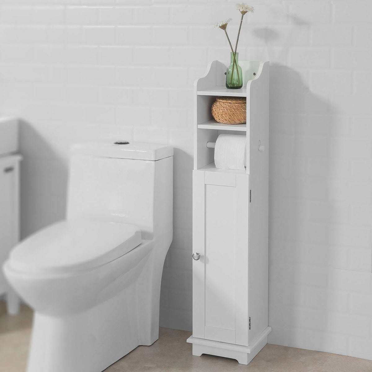 SoBuy Meuble de toilette avec porte-rouleau - Blanc - 20x100x18 cm